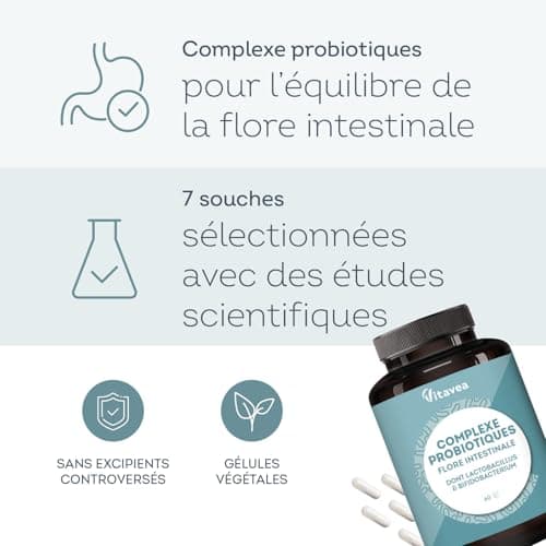 Probiotiques Flore Intestinale Vitavea - 7 Souches - 28 Milliards d'UFC/jour - Transit & Santé Microbiotique - 60 Gélule