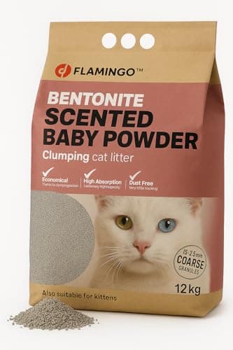 Litère pour chats Flamingo, granulés de charbon, parfum neutre, douce pour les pattes, 5L pour 6 semaines, neutralise le — 12KG pour 10 SEMAINES Europe Granules Gros