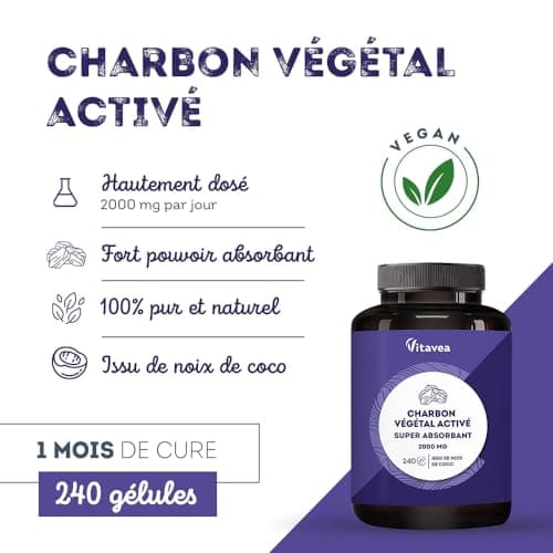 Charbon Actif Végétal Super Absorbant Vitavea 2000 mg - 240 Gélules - Naturellement Issu de Noix de Coco - Pour un Mois