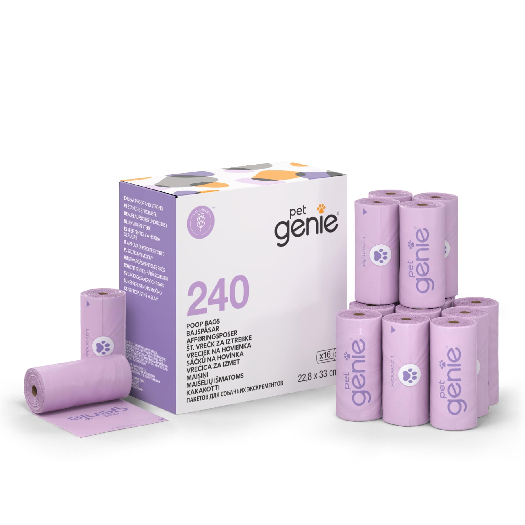 Pet Genie - Sacs Ramasse-Crottes Étanches et Renforcés pour Chiens, Parfum Lavande, Écologiques et Faciles à Détacher, 2