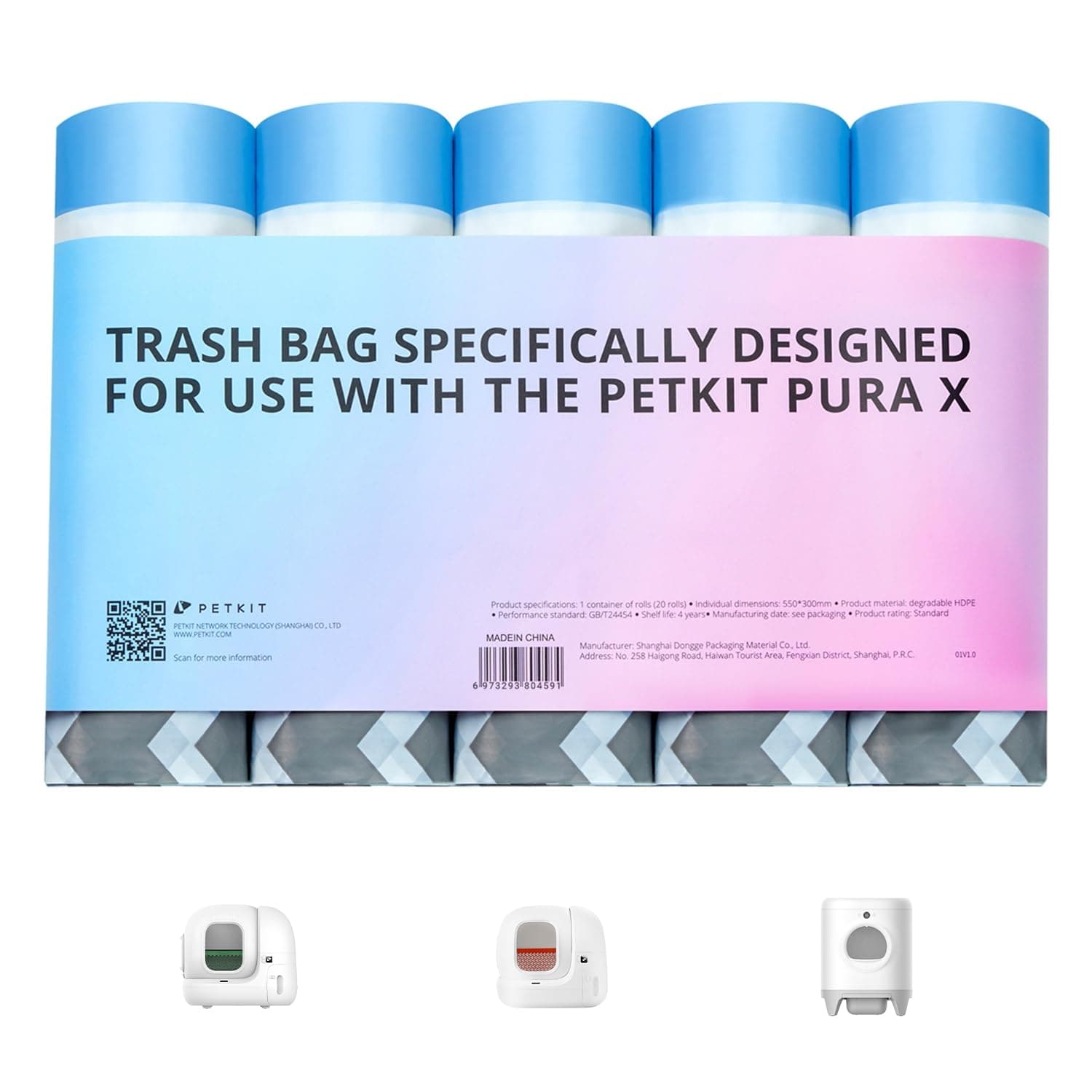 Sac Poubelle de Toilette PETKIT PURA MAX 2 & PURA X, Chats Résistant aux Rayures & Facile à Utiliser, 5 Rouleaux * 20 (1